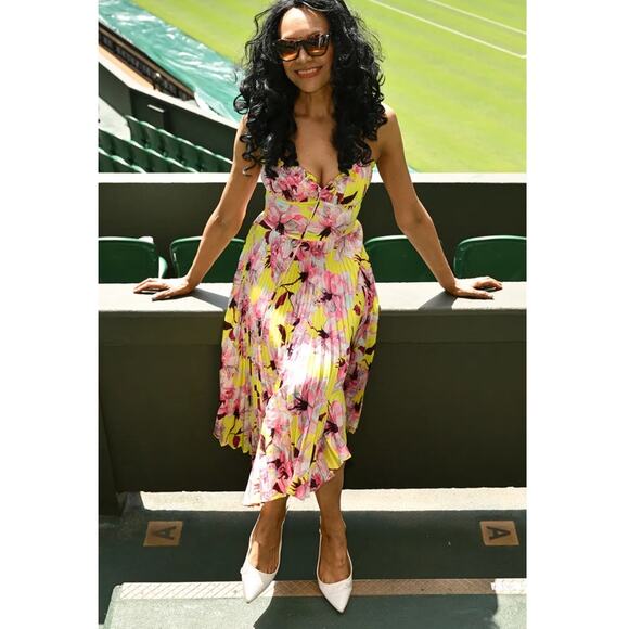 Delfi Collective Floral Pleated Midi Dress Size Small Pink Yellow Bustier - Picture 12 of 12